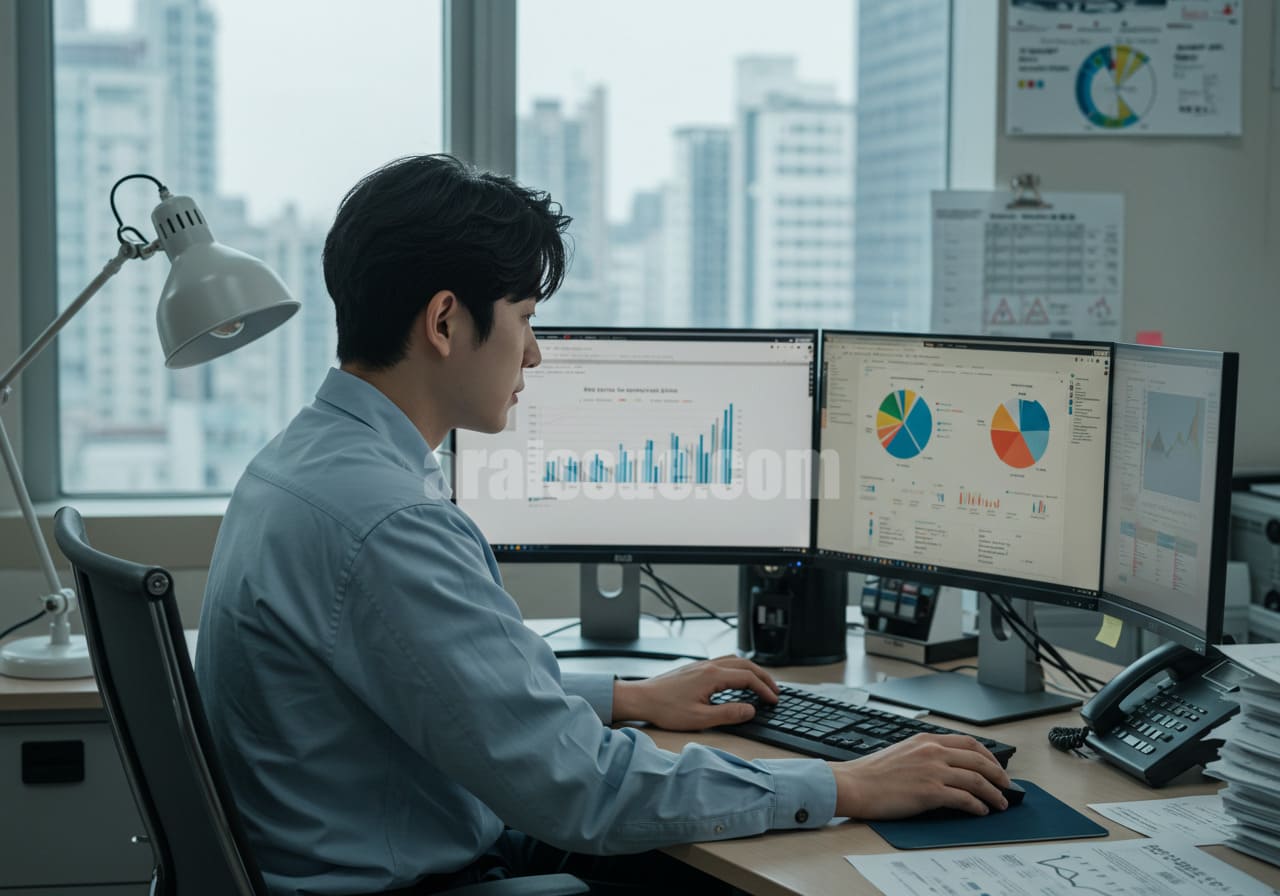한국 보험사 직원이 사무실에서 실손보험 청구 이력과 손해율 데이터를 분석하고 있는 장면. 듀얼 모니터에는 차트와 통계 자료가 표시되어 있고, 사무용 책상과 문서, 창밖 도시 배경이 가득한 전문적인 분석 환경.