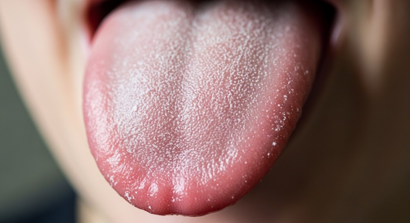 혀 표면에 하얀 백태가 고르게 끼어 있는 모습으로, 혀 중앙과 끝부분까지 흰 코팅이 보이는 상태