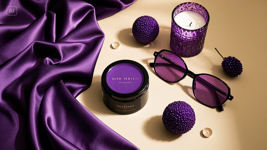 자존감과 고급스러움을 상징하는 보라색 오브제와 텍스처 소품 구성. 마켓컬리의 핵심 전략과 타깃 감성을 시각화한 이미지입니다.