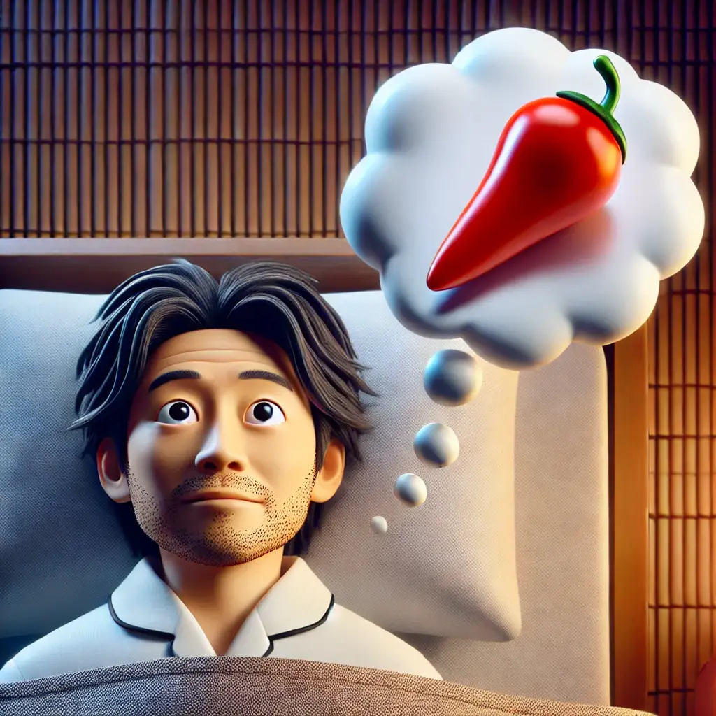 고추 꿈을 꾸고 있는 중년 남성의 유쾌한 3D 일러스트 이미지