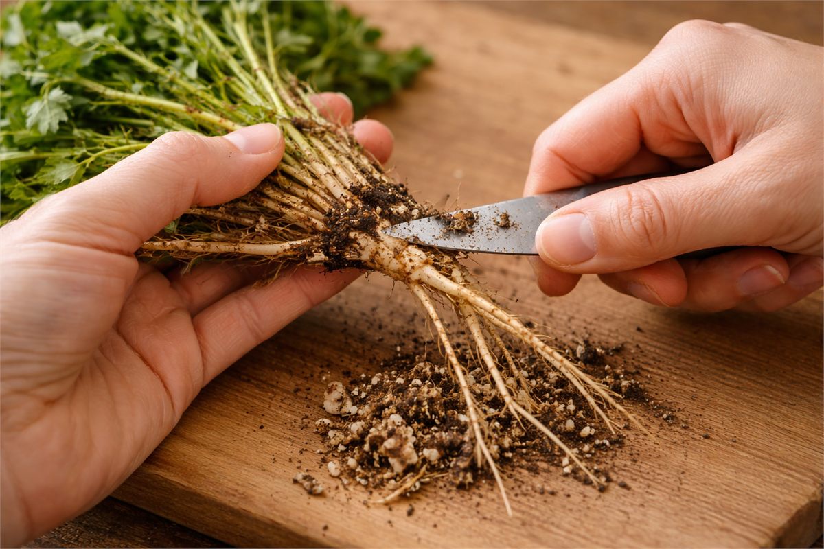 칼로 냉이 뿌리와 검은 부분을 정리하는 손질 장면 
