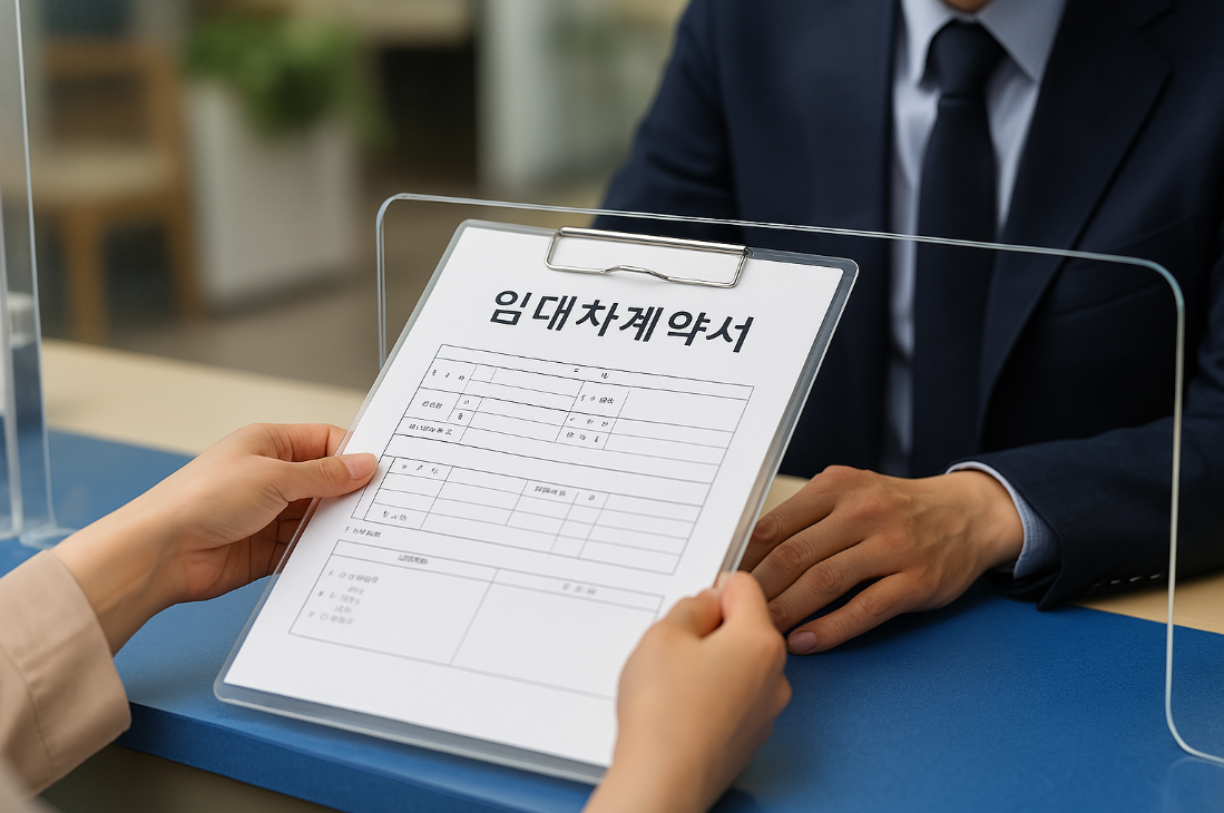 임대차계약서를 상담 창구에 제출하는 장면