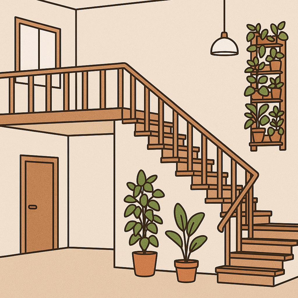 복층 계단 인테리어와 작은 수직정원 일러스트 사진