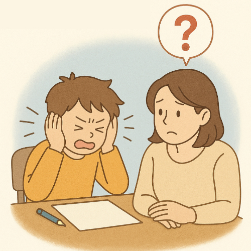 ADHD의 오해에 대한 이미지_엄마가 하는말을 귀를 막고 어려워하고 있는 아이의 일러스트이미지