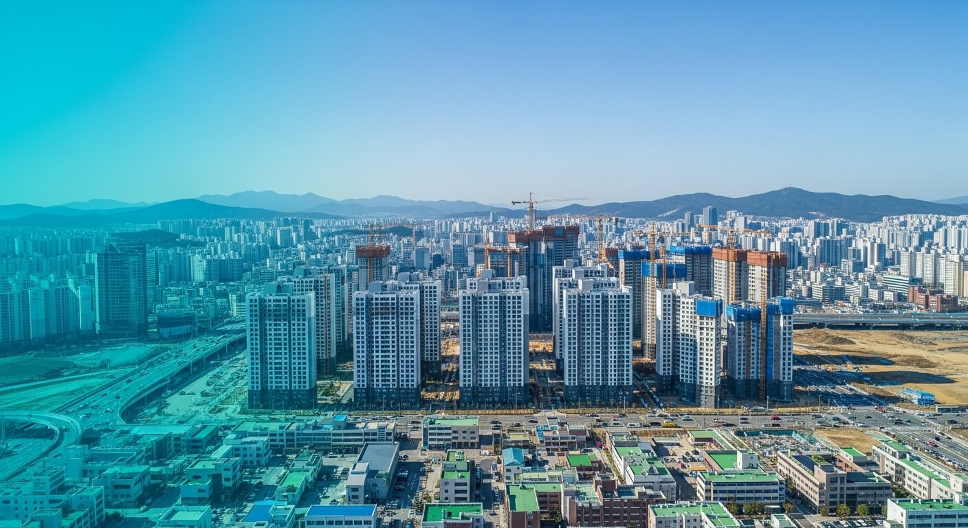 새로운 많은 아파트가 지어지고 이고 주의에는 아직 낮은층의 주택들이 보인다. 왼쪽과오른쪽이 칼라로 대비대고있다