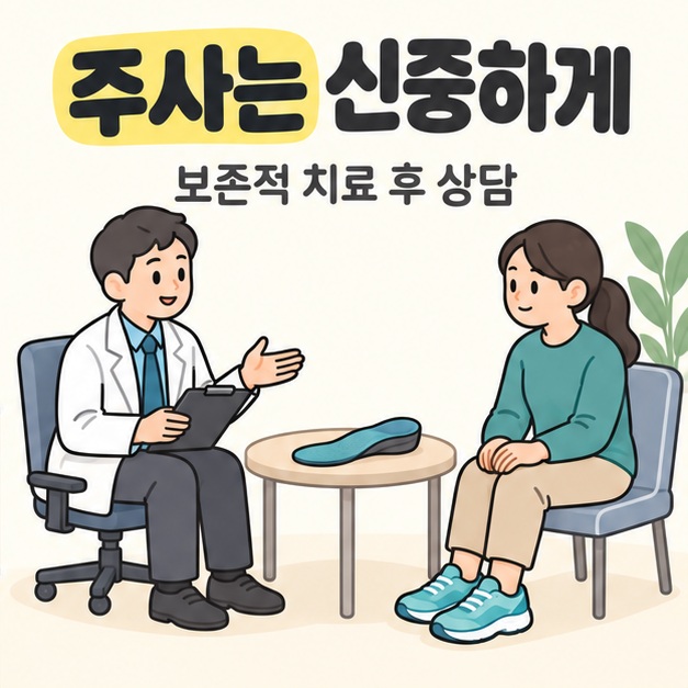 주사는 신중하게 문구 아래에서 의사와 운동화를 신은 이용자가 깔창이 놓인 탁자를 사이에 두고 상담한다.