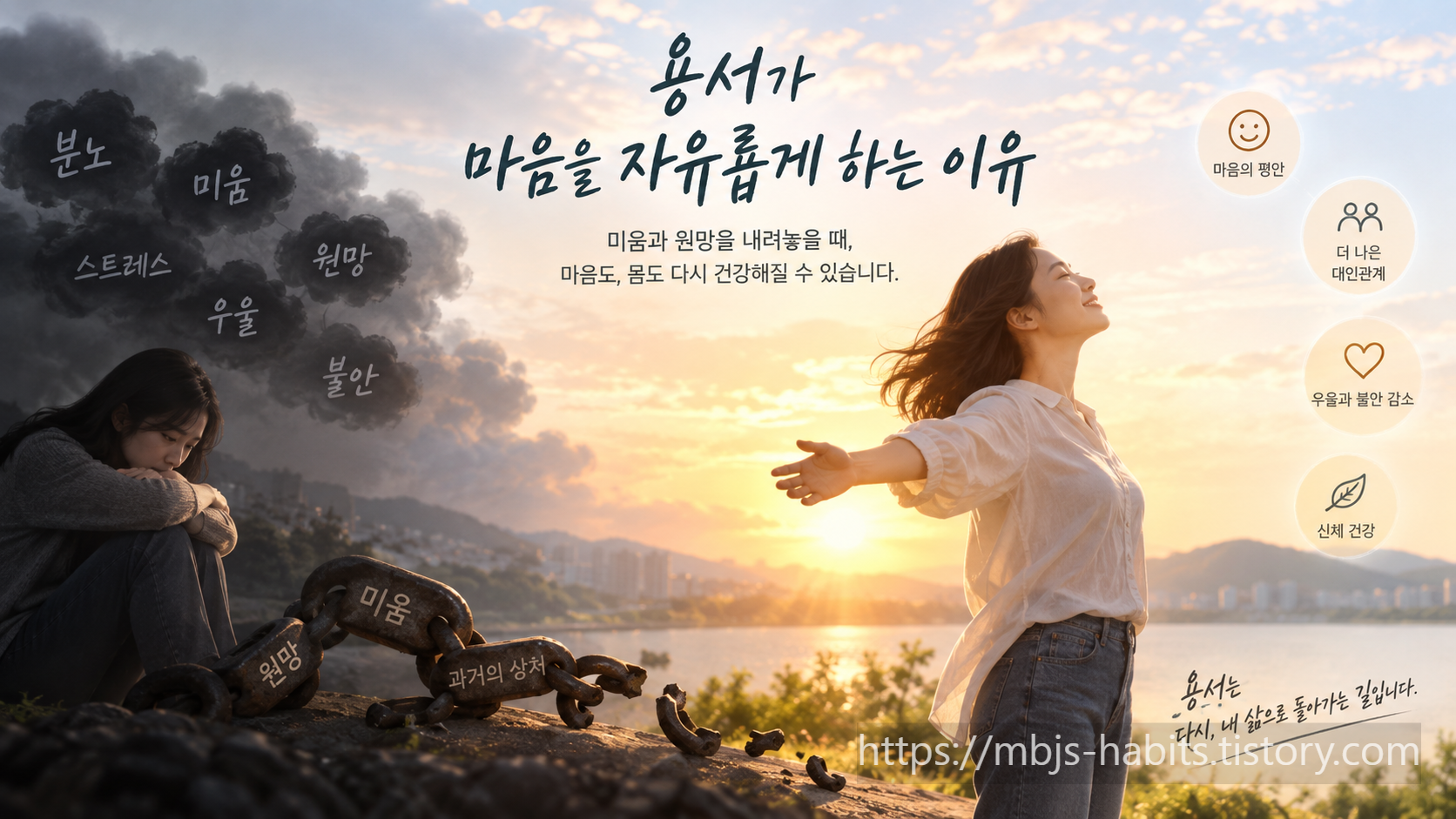 미움과 원망, 과거의 상처를 상징하는 사슬에서 벗어나 밝은 햇살을 향해 두 팔을 펼친 여성의 모습으로 용서와 마음의 자유를 표현한 이미지