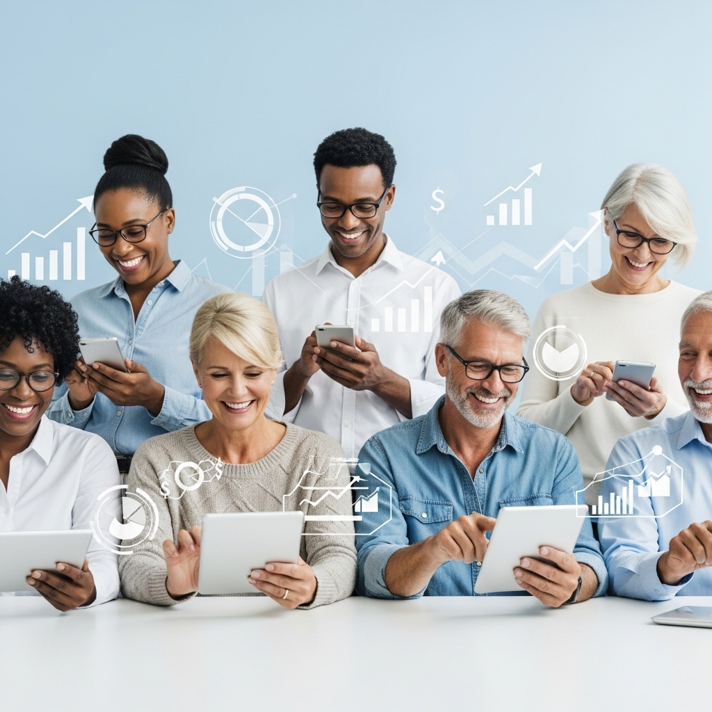 50대 이상의 사람들이 태블릿과 스마트폰을 이용해 디지털 금융 활동을 하는 모습. 재정적 자유와 자신감을 상징하며, 화면에는 성장 그래프와 금융 관련 아이콘이 보인다.