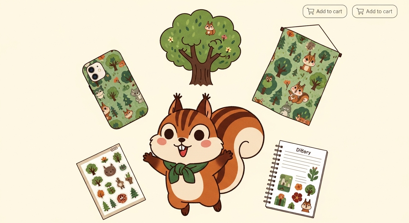 숲속의 다람쥐 김다람 작가의 따뜻한 스타일로 그려진, 다람쥐 캐릭터 굿즈(폰케이스, 포스터, 스티커)에 둘러싸인 모습
