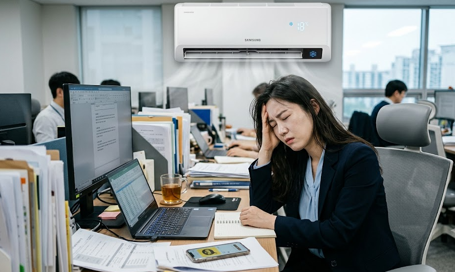 사무실 책상에 앉아 차가운 에어컨 바람을 맞으며 한쪽 손으로 머리를 지압하고 있는 직장인의 모습, 피로하고 무거운 표정,
