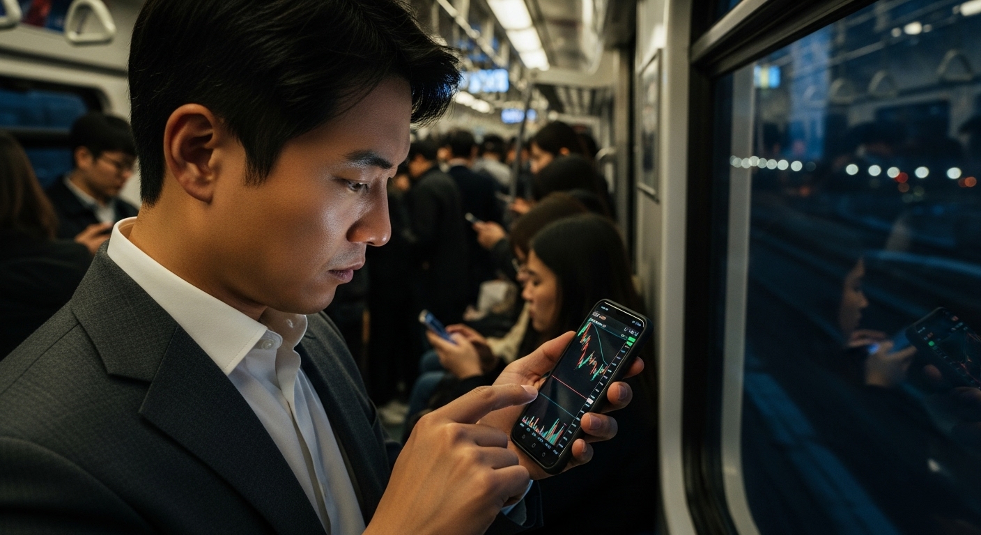 지하철에서 스마트폰으로 ETF 차트를 진지하게 확인하는 30대 투자자 이미지