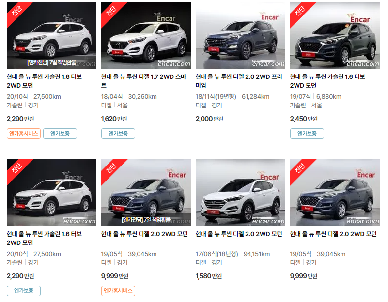 올 뉴 투싼(15~20년식) 중고차 가격