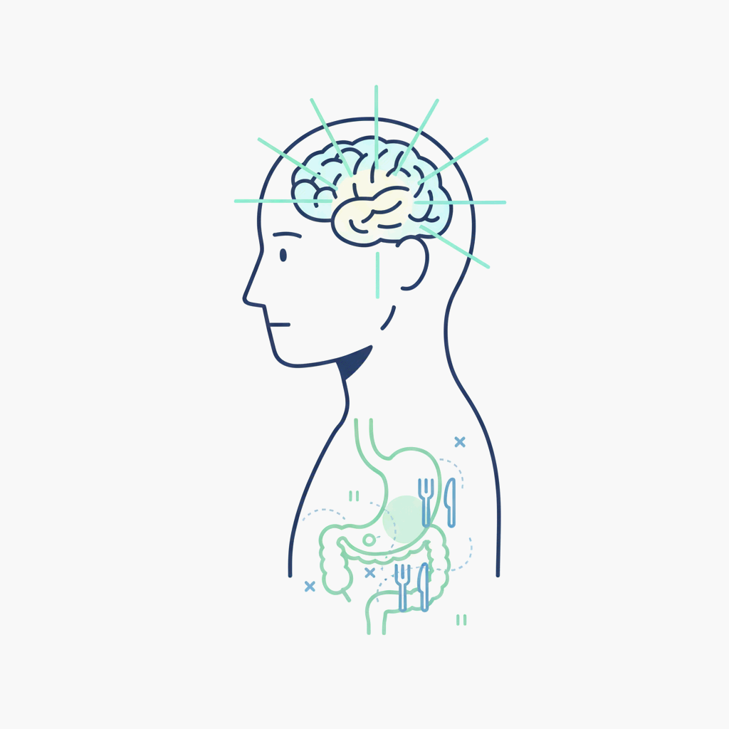 집중할 때 식욕이 줄어드는 뇌 메커니즘을 상징적으로 표현한 일러스트레이션