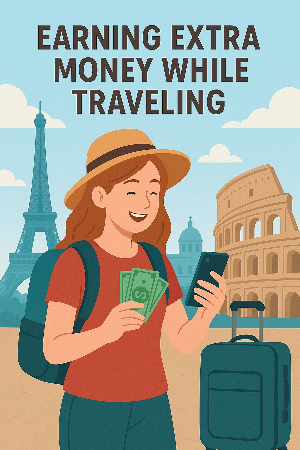 "EARNING EXTRA MONEY WHILE TRAVELING" 제목의 부업/디지털 노마드 관련 이미지. 여행자가 스마트폰과 돈을 들고 웃고 있으며, 배경에는 에펠탑과 콜로세움 등 유명 관광지가 보입니다. 여행하며 돈 버는 방법을 주제로 합니다.