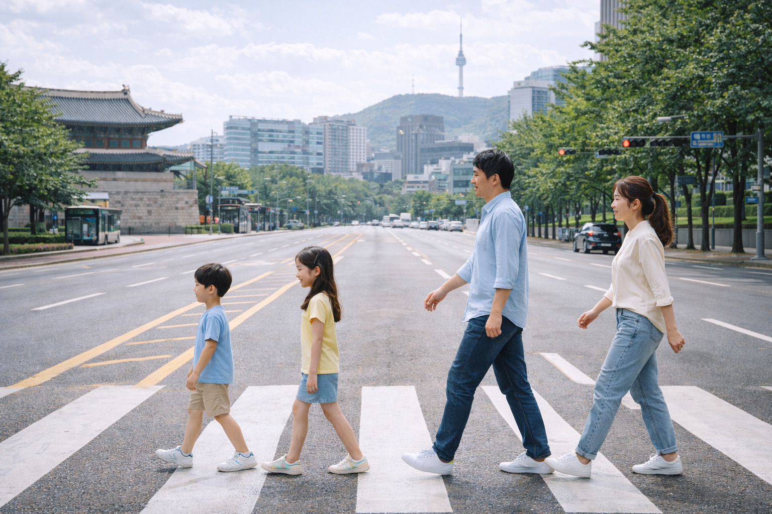 횡단보도를 6살 소년과 9살 소녀, 아빠와 엄마가 함께 나란히 건너는 따뜻한 가족의 모습