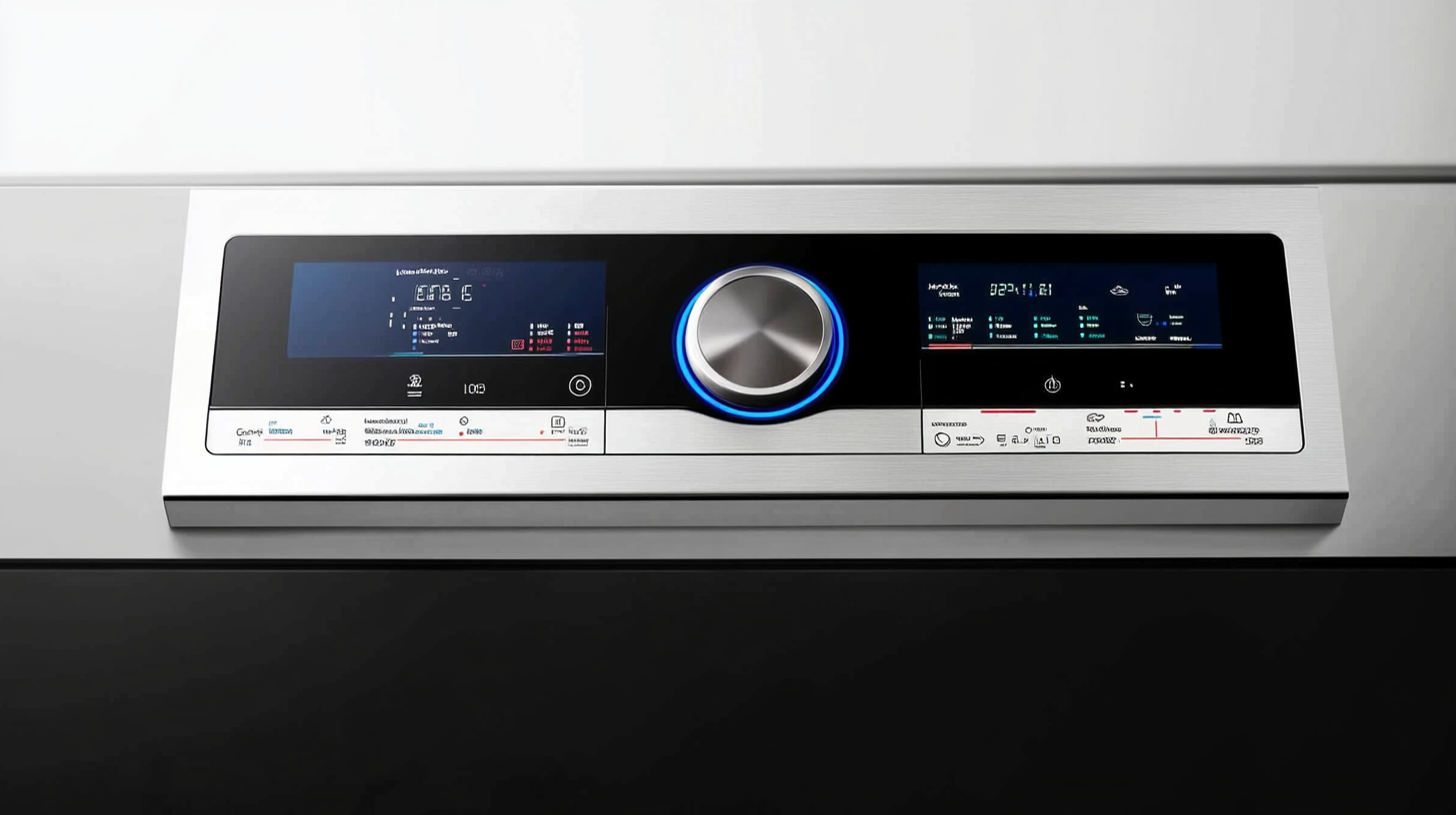 고급스러운 LED 조명과 직관적인 디자인이 특징인 세탁기 디스플레이 패널의 클로즈업 이미지, 현대적인 미 aesthetic 인상