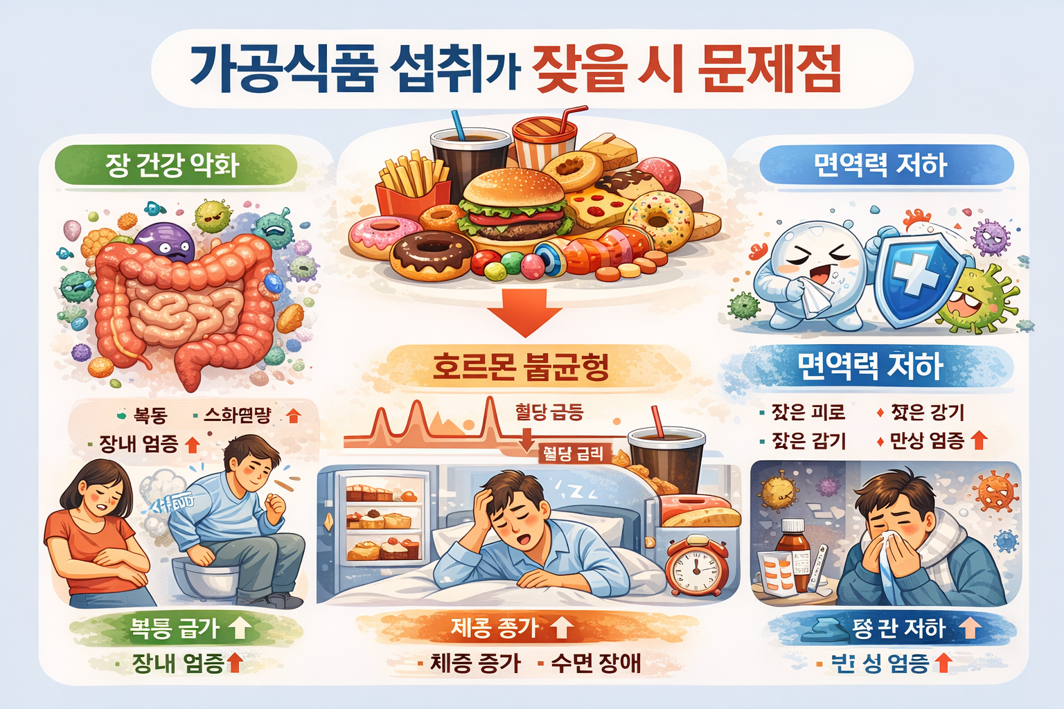 가공식품 섭취가 잦을 때 장 건강 악화, 호르몬 불균형, 면역력 저하로 이어지는 과정을 설명한 가로형 건강 인포그래픽 이미지