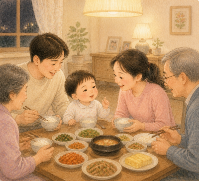 저녁 밥상에서 가족과 이야기하는 아이(AI생성 이미지)