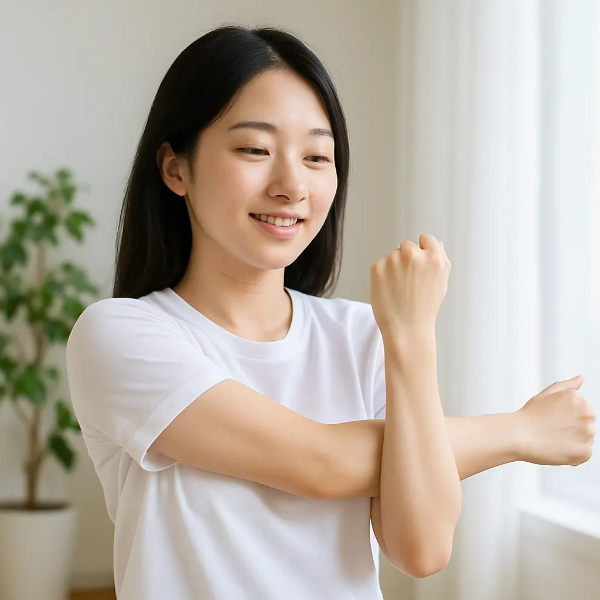 어깨 스트레칭으로 개운해진 표정의 한국인 여성 이미지