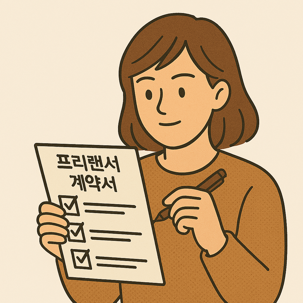 프리랜서계약서를 쓰며 체크사항을 확인하는 여성 이미지