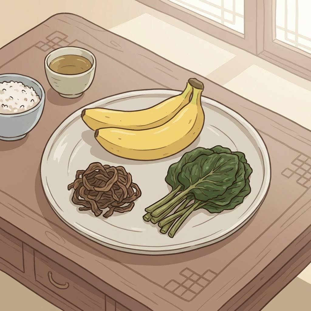 노란 바나나와 잘 말린 시래기, 머위 나물이 조화롭게 놓인 건강 식단