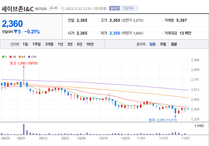 세이브존I&C 3개월 주가(일봉)