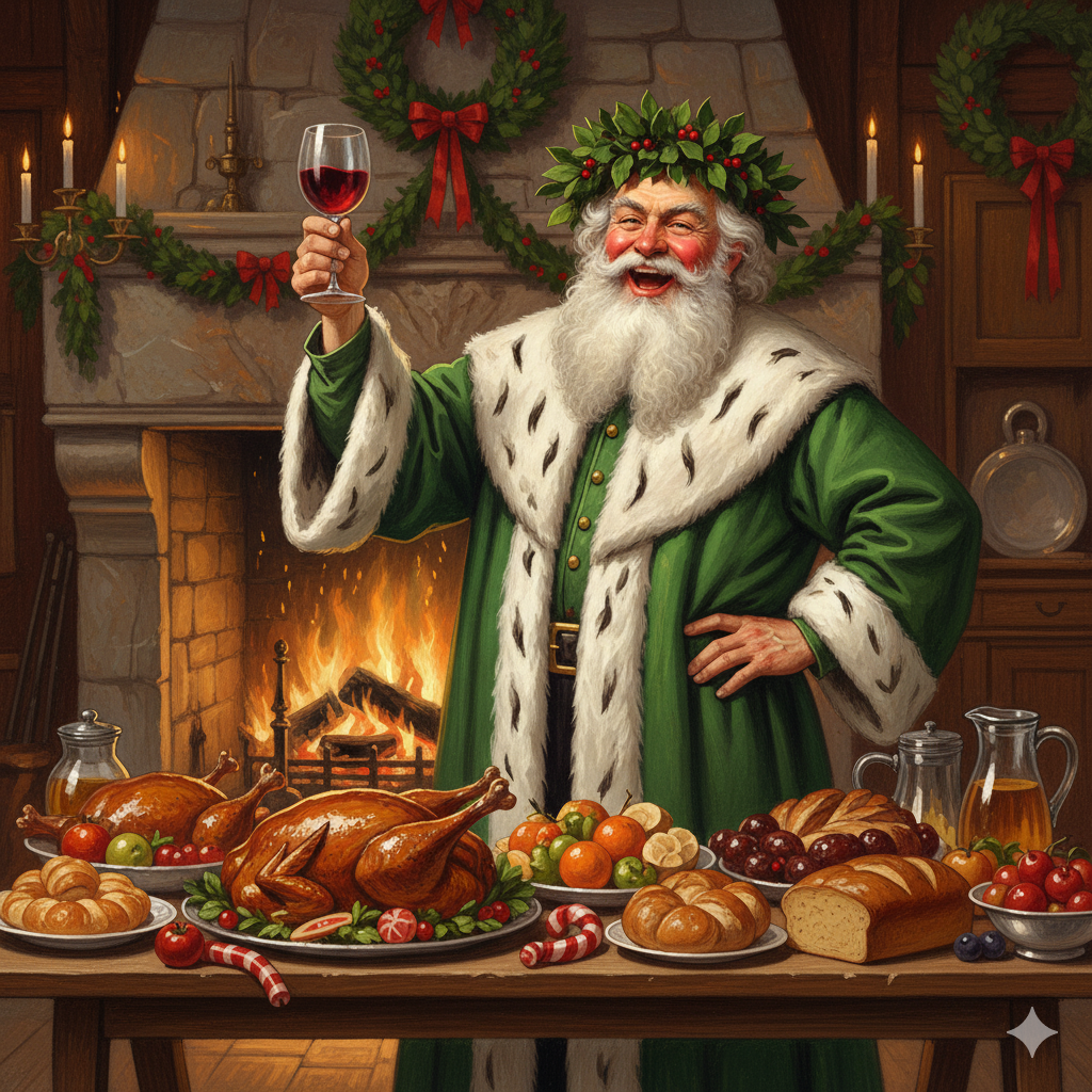 풍요를 상징하는 초록색 옷을 입고 유쾌하게 축배를 드는 영국의 '파더 크리스마스'