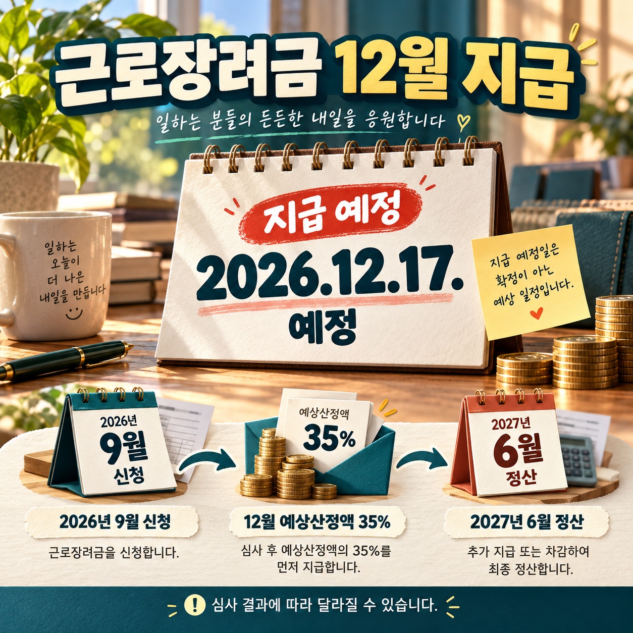 2026년 9월 신청에서 12월 17일 예정 지급과 2027년 6월 정산으로 이어지는 근로장려금 흐름