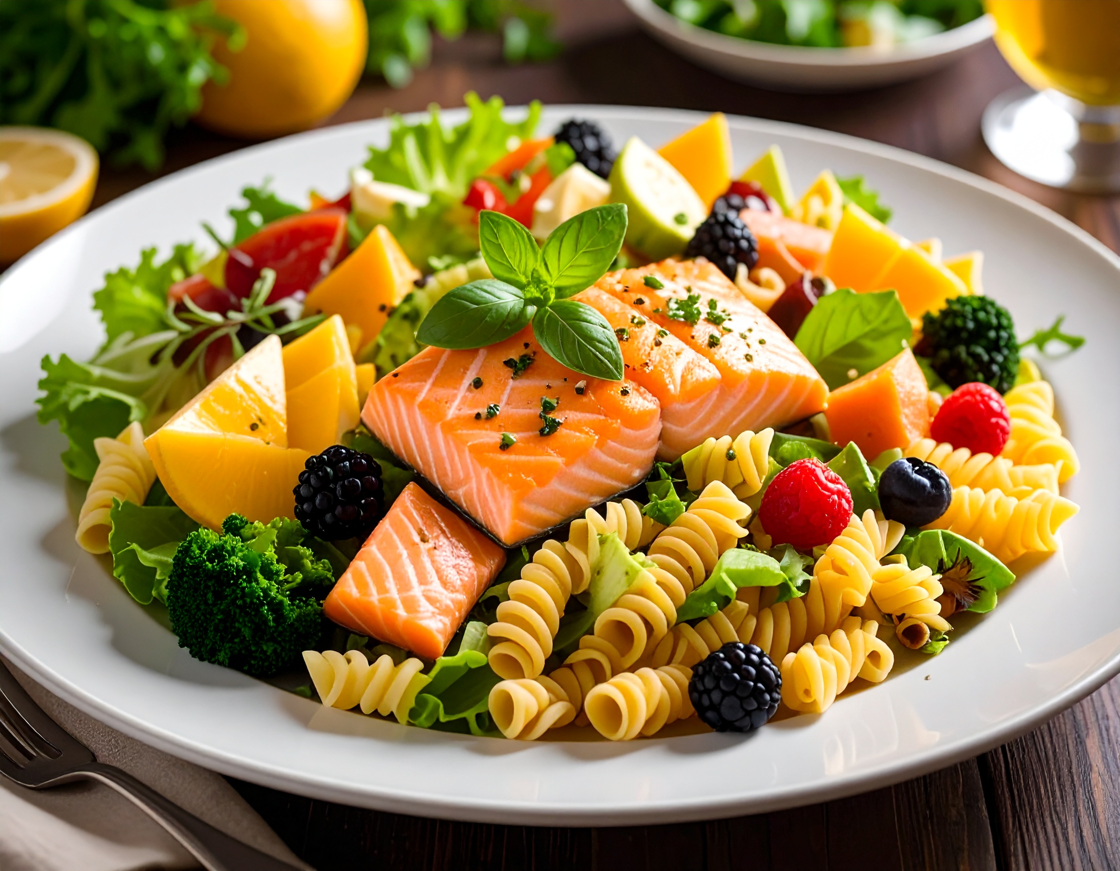 연어회, 파스타, 샐러드, 과일이 담긴 저녁 식사 접시