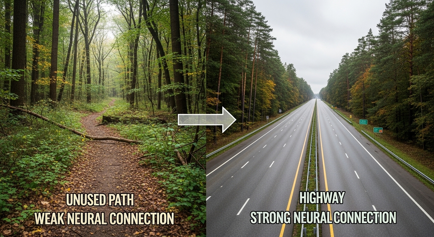 뇌 가소성 원리를 비유적으로 보여주는 오솔길과 고속도로 이미지