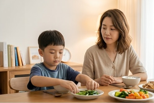 저녁 식탁에서 채소를 옆으로 밀어둔 아들을 바라보는 엄마