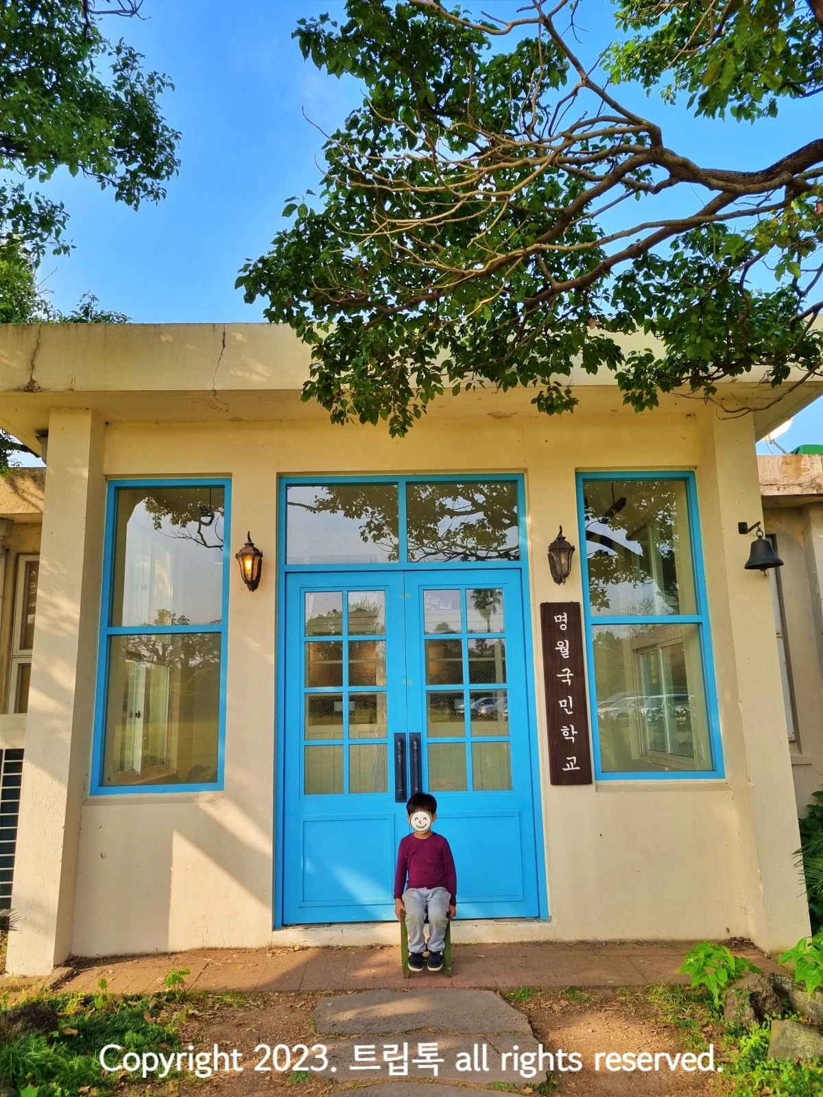 큰 나무 위테 있는 파란색 대문을 가진 건물. 세로 현판에 명월국민학교라고 적혀있고 의자에 아이가 앉아있다.
