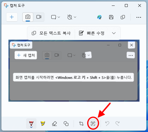 캡처 도구의 텍스트 버튼