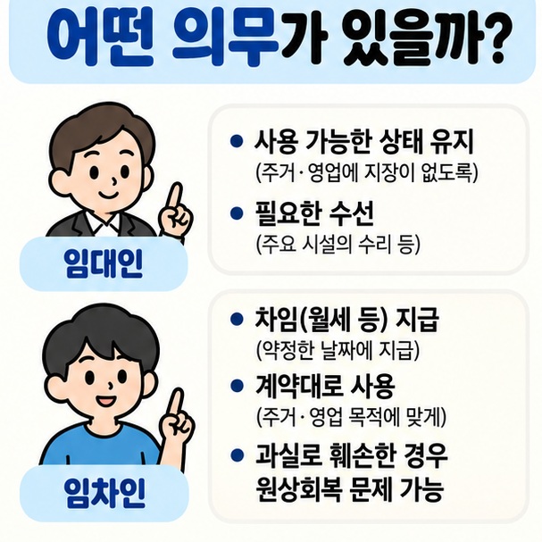 임대인의 사용 가능 상태 유지와 임차인의 차임 지급 관리의무 수선 원상회복 차이를 정리한 이미지