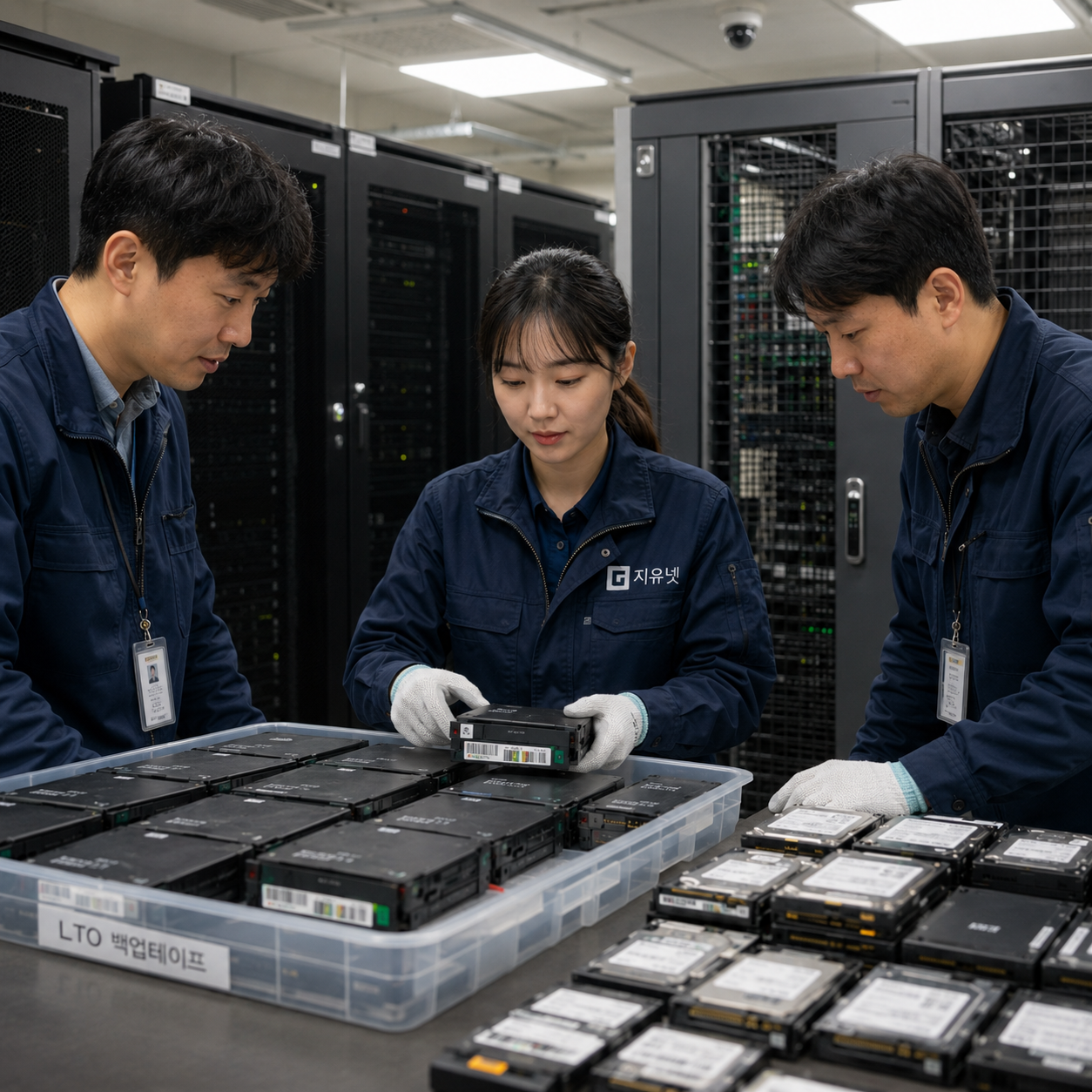 서버실에서 발견된 백업테이프와 HDD SSD를 매체별로 분리해 파기 전 확인하는 장면