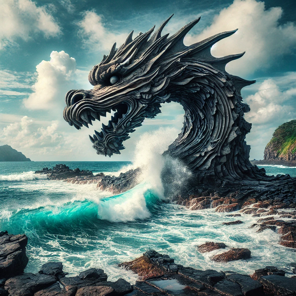 제주도 용두암의 용 머리 모양의 자연 암석과 파도가 부딪히는 모습