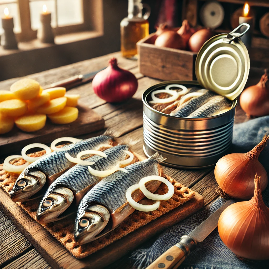 발효된 발트해 청어가 열린 통조림 안에 담겨 있으며, 크리스프브레드와 양파, 감자와 함께 제공되는 모습입니다.