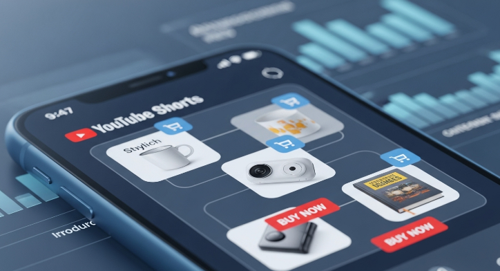 유튜브 쇼츠 영상에 AI가 자동으로 추천한 제품 태그가 표시되어 구매 전환율을 높이는 스마트폰 화면.