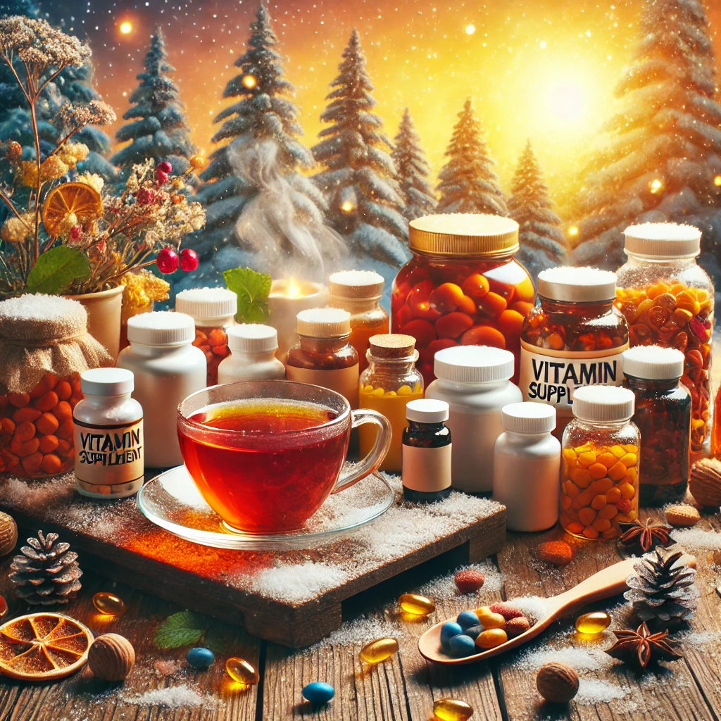 겨울철 건강을 상징하는 따뜻한 분위기의 비타민과 영양제 배경 이미지