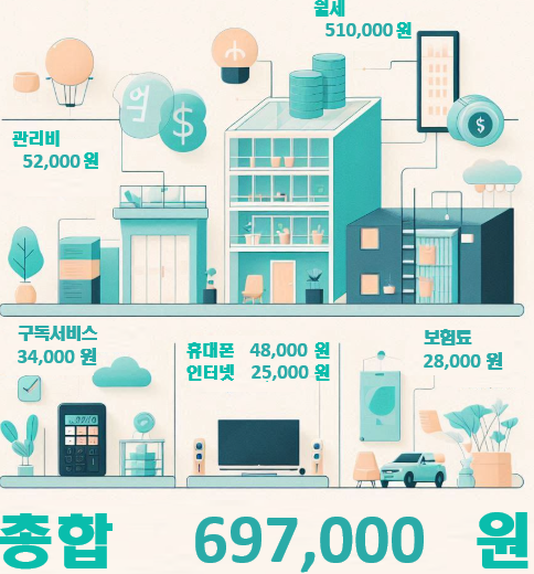 자취 고정비 6개 항목 합산 &mdash; 월 68만 7천원 구조 인포그래픽