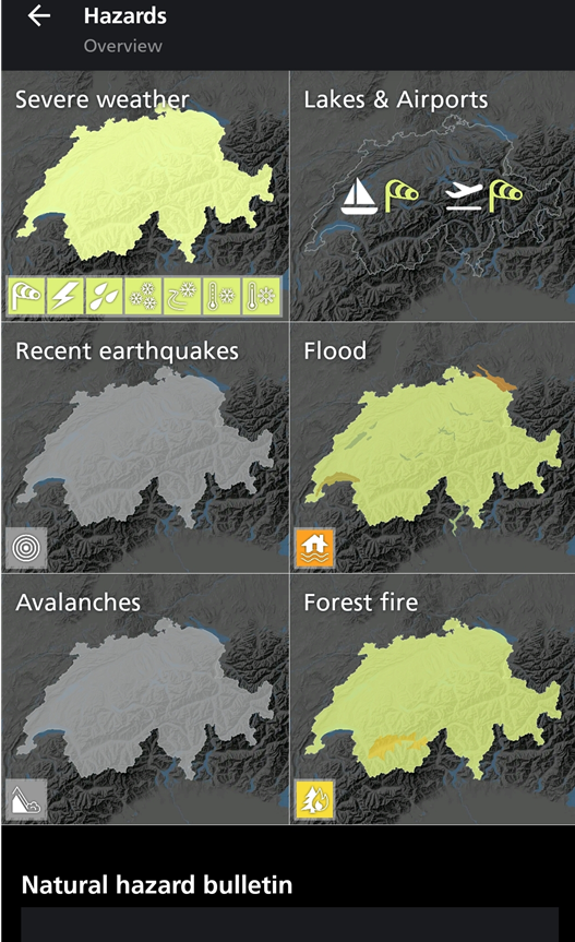 MeteoSwiss 위험요소 알림 - 지진, 산사태, 눈사태, 바람, 화재등의 정보 제공