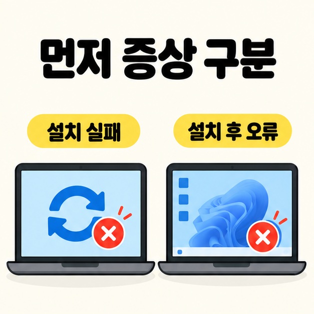 먼저 증상 구분이라는 제목 아래 설치 실패와 설치 후 오류를 각각 업데이트 화면과 바탕화면에 빨간 오류 표시를 넣은 노트북으로 비교한 이미지