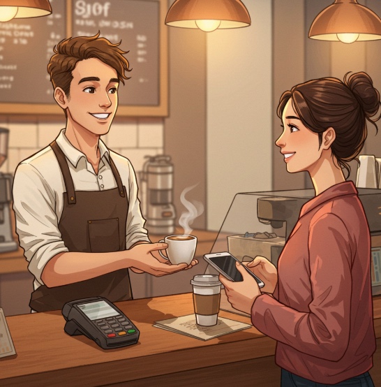 외국 카페에서 주문을 하고 음료를 받는 모습