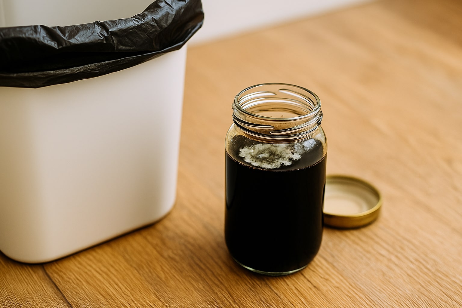 곰팡이가 핀 간장 병이 쓰레기통 옆에 놓인 장면