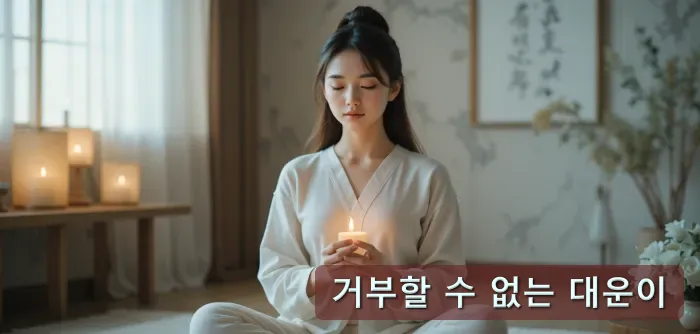 닭띠 운세를 듣고 조용한 공간에서 명상하는 여성