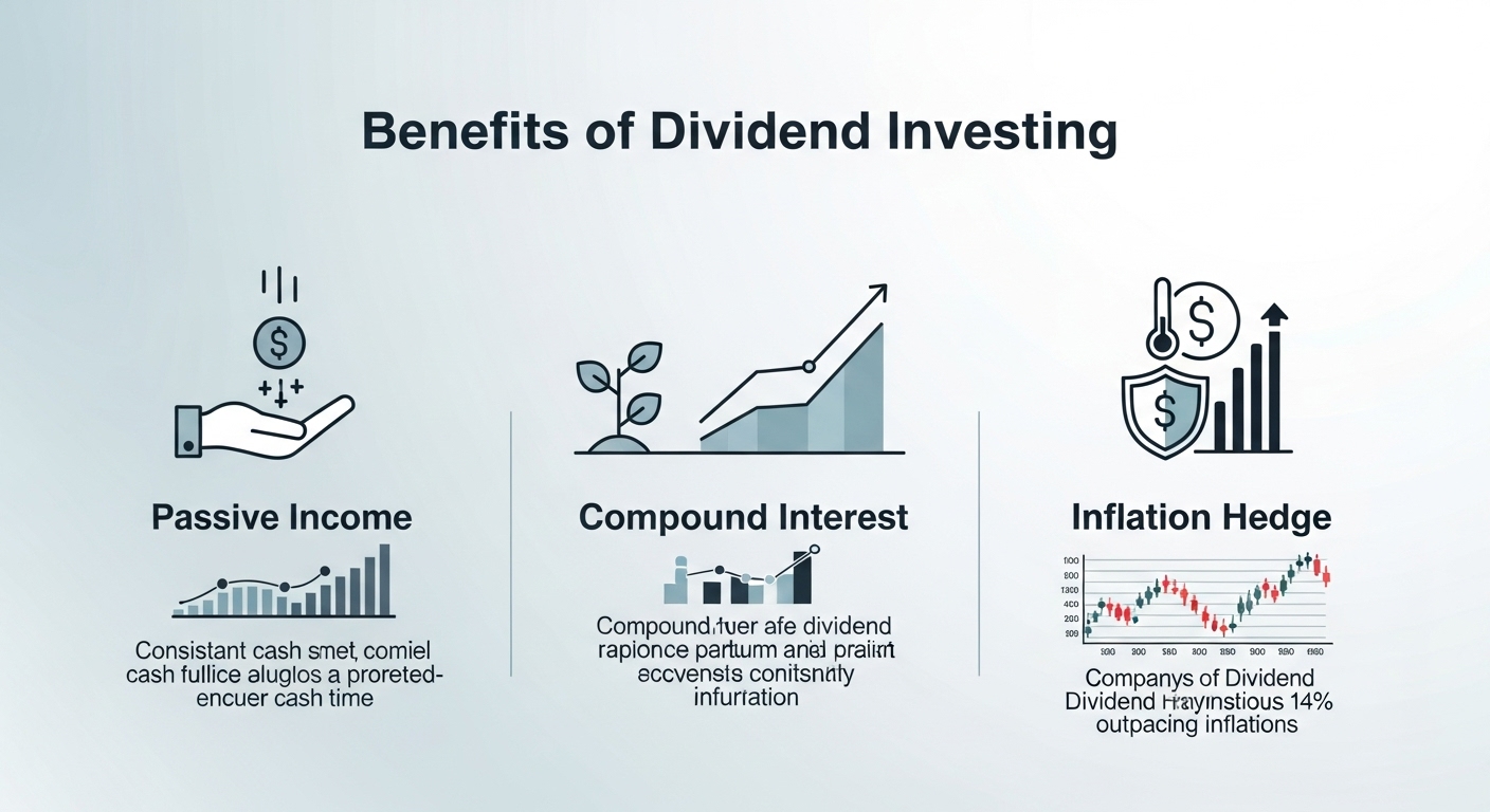 배당 투자의 핵심 이점을 시각적으로 보여주는 인포그래픽: 꾸준한 수익, 복리 효과, 인플레이션 헤지 등.