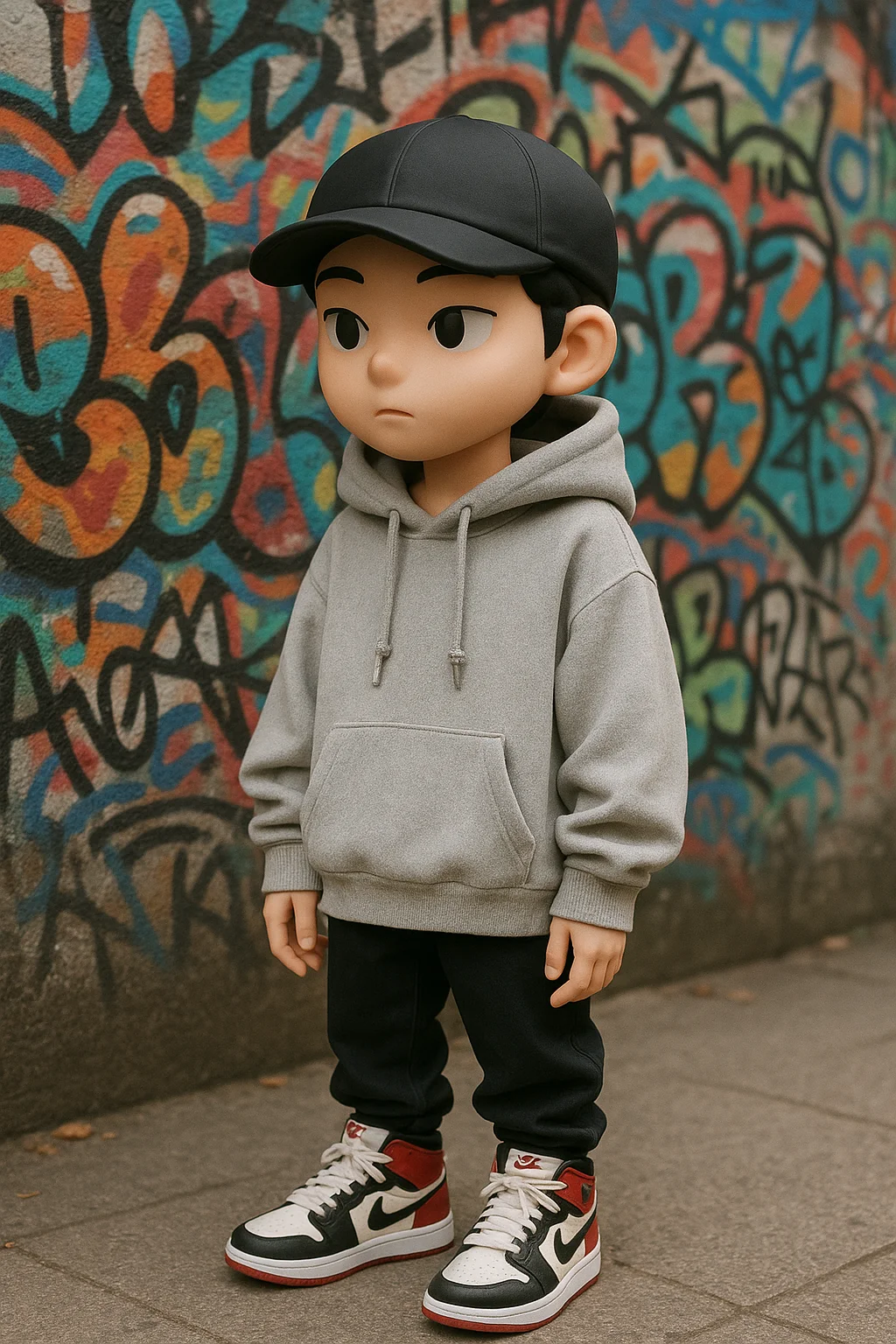 길거리 패션 스트릿 감성 피규어, 홍대 스트리트 패션을 입은 피규어, 오버핏 후드와 스니커즈, 그래피티 벽 배경