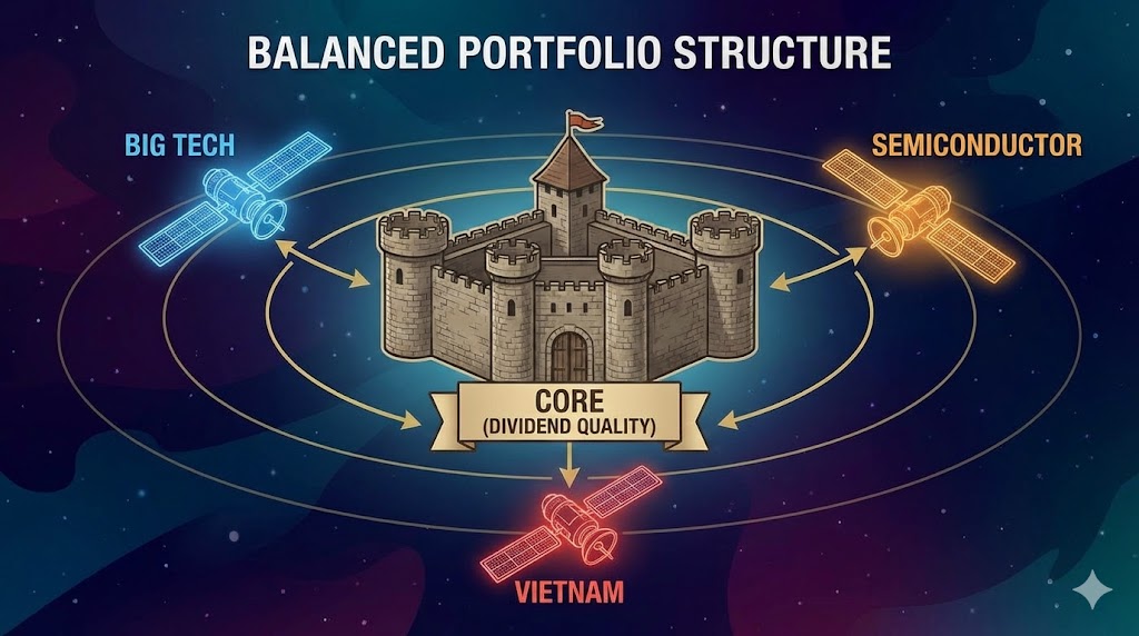 튼튼한 배당주 성(Core) 주변에 빅테크, 반도체, 베트남이라는 로켓(Satellite)들이 배치되어 자산을 방어하고 성장시키는 모습
