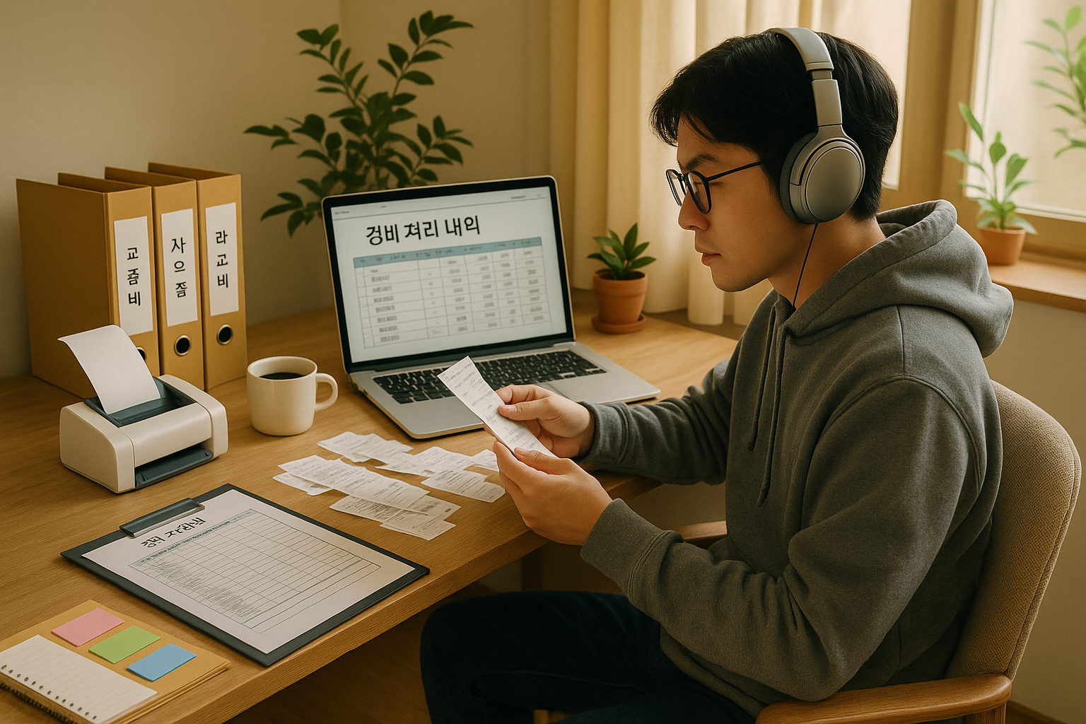 경비 처리 내역을 정리 중인 프리랜서 – 책상 위에는 영수증, 노트북, 비용 항목 폴더가 정리되어 있음