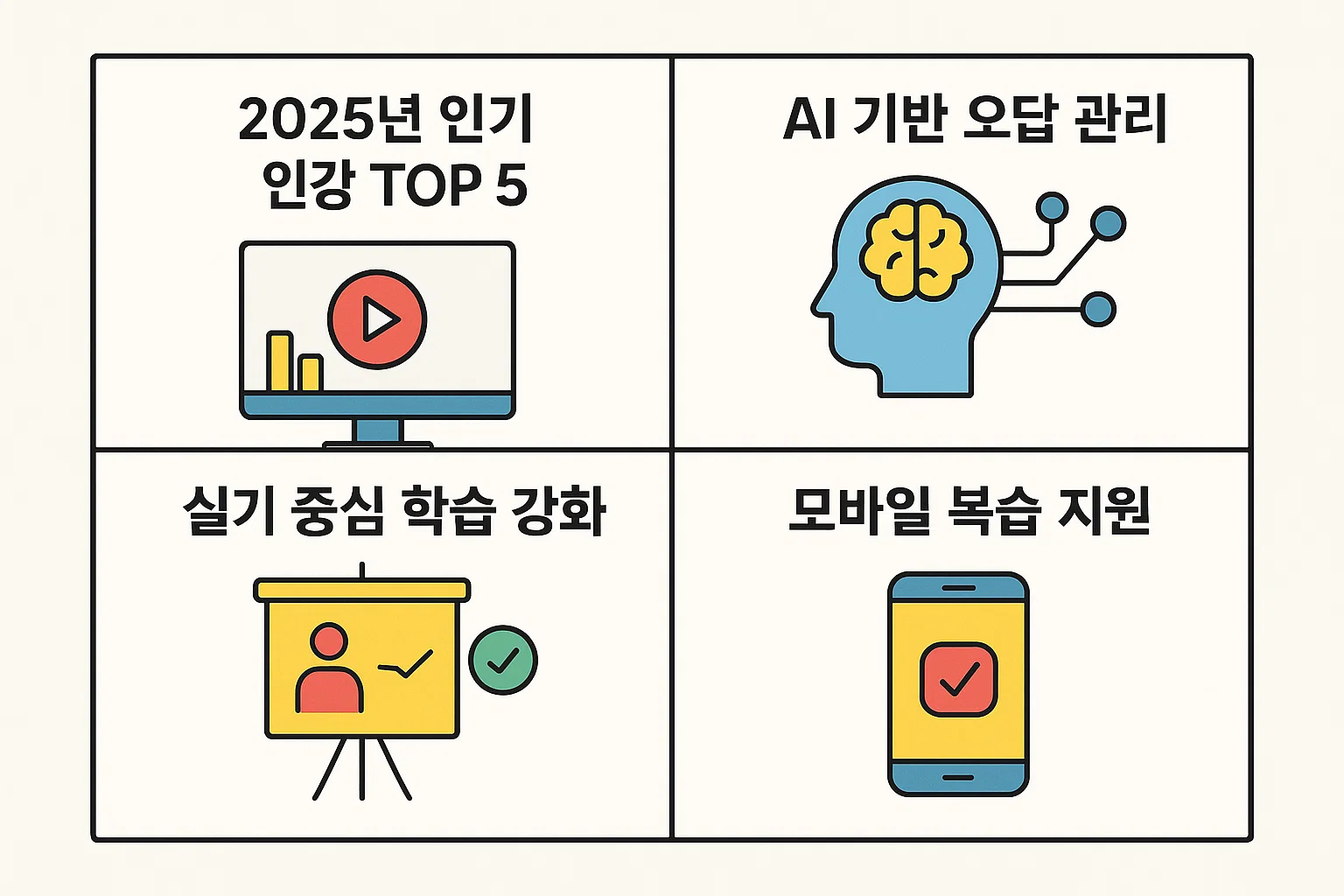 2025년 정보처리기사 인강 선택 시 고려해야 할 실기 중심 학습 강화, AI 기반 오답 관리, 모바일 복습 지원 등 주요 요소를 시각적으로 정리한 인포그래픽.